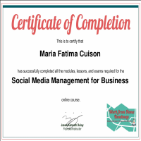 Certificate Of Completion for Social Media Management Course