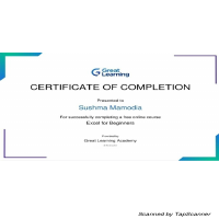 Certificate of completion of excel on Great Learning