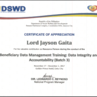 Certificate as Resource Person Batch 3