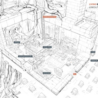 Khmer temple interior living area sketch