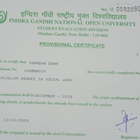 Provisional Certificate IGNOU for BSW 