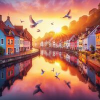 3D Realistic Painting of a Colorful Picturesque town. 