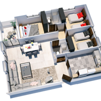 Perspective top view of furnished plan