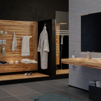 Wooden bathroom rendering with product
