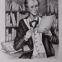 "Sherlock Holmer studying clues" (pen on paper)