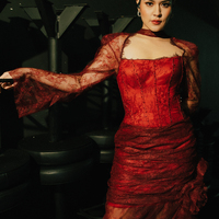 Deep maroon lace draped dress for Raisa