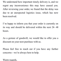 CUSTOMER COMPLIANT RESPONSE