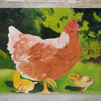 A painting of a chicken family made with oil paint.