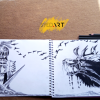 Warrior Fighting with Monster Charcoal Pencil Drawing 