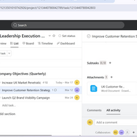 Asana project with tasks, subtasks, and timeline.