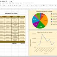 Spreadsheets, pie chart and line graph